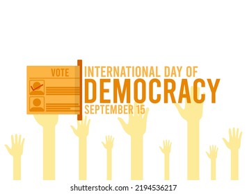 Vector illustration of international day of democracy with illustration of hands raised up on white background.