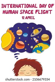 Ilustración vectorial del Día Internacional del Vuelo Espacial Humano. Tarjeta, cartel, afiche con niño soñando aventuras espaciales