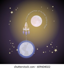 Vector illustration of International day of human space flight. Rocket launch from earth. Space cartoon. 