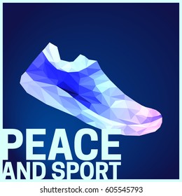 Vector illustration to the International Day of Sport for Development and Peace. Colorful low poly triangles design athletic running shoes isolated on dark background