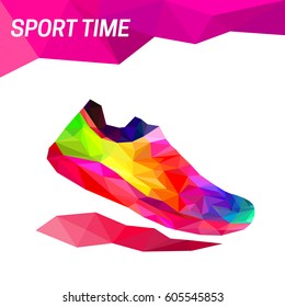 Vector illustration to the International Day of Sport for Development and Peace. Colorful low poly triangles design athletic running shoes with shadow isolated on transparent background