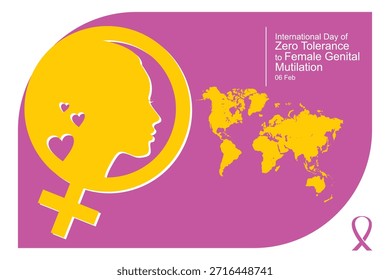 Ilustração vetorial para o Dia Internacional de Tolerância Zero à Mutilação Genital Feminina, apresentando símbolo feminino, silhueta feminina e mapa-múndi em design plano.
