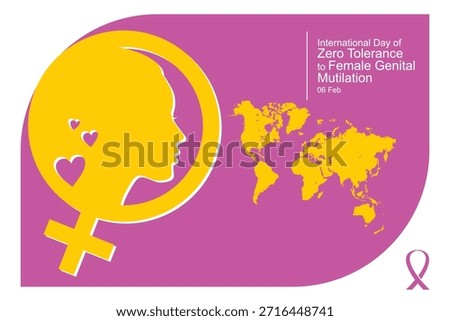 Vector illustration for International Day of Zero Tolerance to Female Genital Mutilation, featuring feminine symbol, woman silhouette, and world map in flat design.