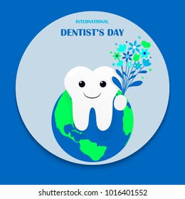 Vector illustration for the international dentist day. A happy tooth is smiling and giving flowers.