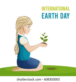 Vector illustration for International Earth Day. A girl is planting a tree.
