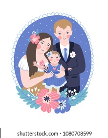 Vector illustration for the international family day or wedding invitation. Happy parents and their baby. 