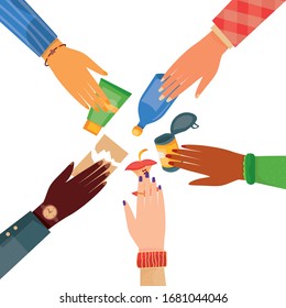Vector illustration of  international human hands sorting trash. Earth Day. Ecology concept.  Sorting different type of garbage. Recycling different types of waste