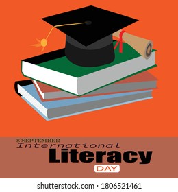 Vector illustration of international Literacy day with a pile of book and cap design .