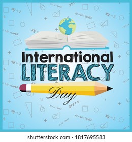 Vector illustration of International Literacy Day banner design on light blue background.