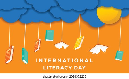 vector illustration international literacy day hanging books on cloud in cut paper  style
