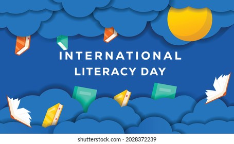 vector illustration international literacy day background with ornament cloud, books, sun in cut paper style