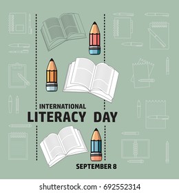 Vector illustration of International Literacy Day card. Book and pencil.