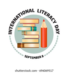 Vector illustration of International Literacy Day card. Book and pencil.