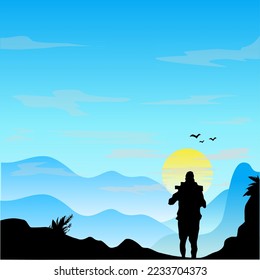 Vector illustration of international mountain day, clear blue sky climbers reach the top looking at beautiful view