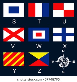 A vector illustration of international nautical signal flags and a compass rose