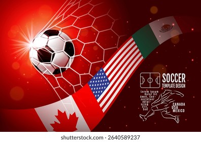Vector illustration of an international soccer tournament theme with a close-up soccer ball on a stadium background. Includes waving flags of Canada, the United States, and Mexico 