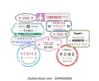 Vector illustration of International travel visa passport stamps in car shape composition on white background, travel concept.