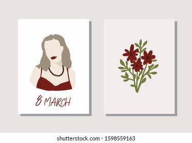 Vector illustration for international women's day. Woman with scarlet lips in with beads in a red dress. Beautiful bouquet of wild burgundy flowers, daisies. Template for greeting card, poster, flyer