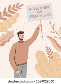 Vector illustration. International Women's Day. Young man holding a poster for women's rights, flowers on the background.