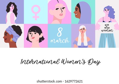 Vector illustration for international women's day or eight of march greeting for banner, post card, poster, social media post, landing page. Portraits of different and diverse female characters.