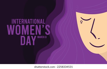 Vector Illustration of International Women's Day design. March 8. Cute female face with purple hair. Flat design vector. Poster, banner, card, background. Eps 10.