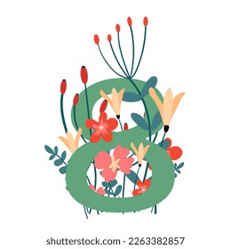 Ilustración vectorial del Día Internacional de la Mujer. Elegante ilustración de resorte floral. Ilustración botánica para el 8 de marzo. Idea para postales de estilo plano. El número ocho entre las flores