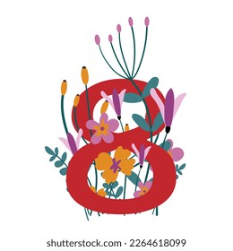 Vector illustration for International Women's Day. Stylish floral spring illustration. Red number eight. Botanical illustration for the Eighth of March holiday. Idea for flat style postcards.