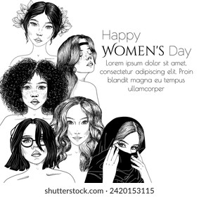 Vector illustration for International Women's Day. Girls of different nationalities