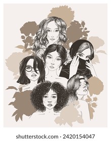Vector illustration for International Women's Day. 6 Girls of different nationalities in flowers
