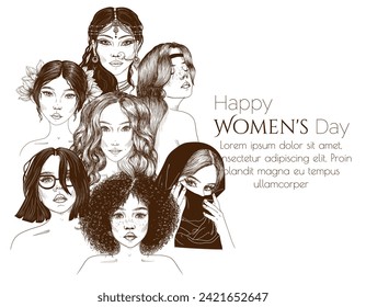 Vector illustration for International Women's Day. Set of 7 girls of different nationalities