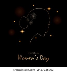 vector illustration for International Women's Day. an image of a golden female face, with flowers on a black background, with an inscription.