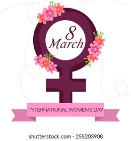 Vector illustration of International Women's Day with pink ribbon in white background.