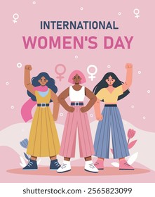 Vector illustration international women's day. Women feminist activists of different skin colors stand together protesting for equality, empowerment. Vector illustration in pink color palette