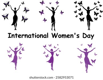 Vector illustration for International Women's Day 6 icon set, Female symbol silhouette icon with raised female fist for International Women's day. Feminism, empowerment and gender equality concept.