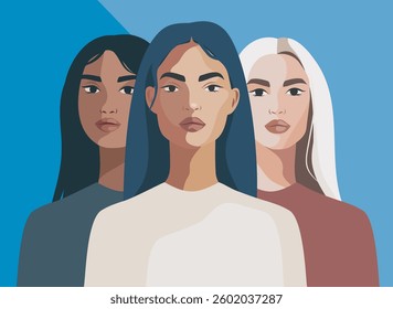 Vector illustration for International Women's Day and Equality Day. Women of different nationalities stand together. Gender equality and women's empowerment movements for women's projects