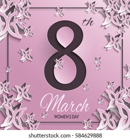 Vector illustration of International women's day, 8 March holiday greeting card with floral and butterfly pattern design and brown background with frame. All layers are isolated
