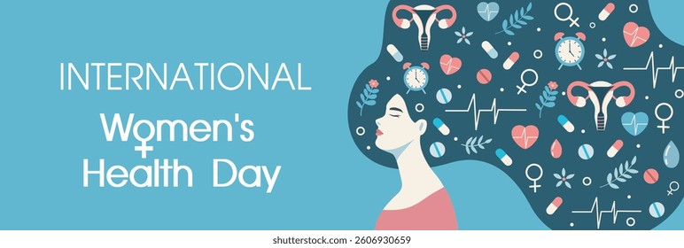 Vector illustration International Women's Health Day. Women with long hair and health medicine elements, uterus, clock, flowers, heart, emphasizing women mental health awareness. For health projects