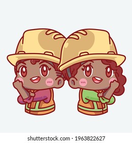 vector illustration - international worker day, international labor day cute chibi brown male and female worker, may 1st