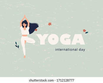 Vector illustration for International yoga day with flowers and brunette woman in Tree pose on pale green background