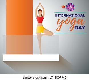 vector illustration for international yoga day with Hindi text om means om,woman is doing yoga