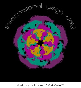 Vector illustration international yoga day concept. Mandala shape of sihlouettes in lotus position, meditation wellness zen poster, campaign