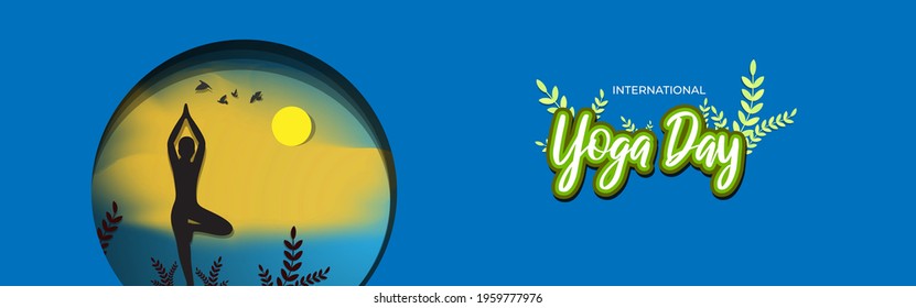 Vector illustration of International Yoga day concept banner, 21 June. Man doing yoga asana silhouette on abstract sunny background.