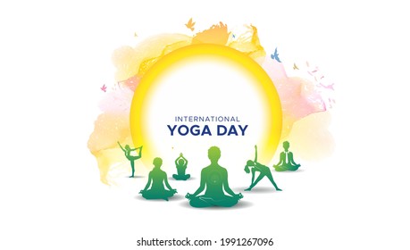 Ilustración vectorial del concepto del día internacional del yoga. 21 de junio y fondo de la salida del sol