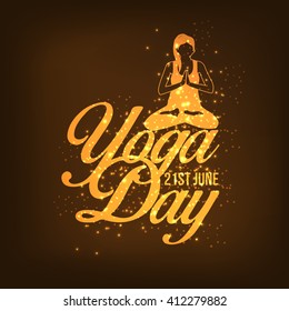 Vector illustration of international yoga day with shiny golden background.