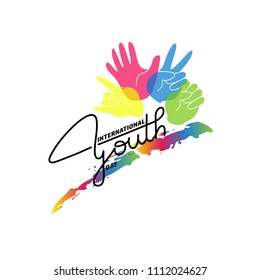 Vector illustration of International Youth Day. Handwritten lettering and colorful stylized hands isolated on white background. The Concept of holiday 12 August.