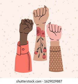 Vector illustration for International's Women Day. Three hands, protest together. Girl power. Feminism. Isolated 