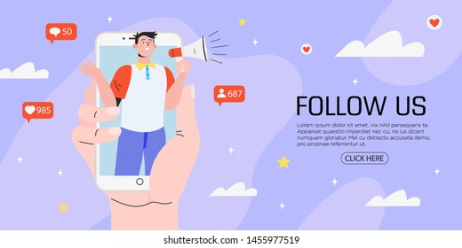 Vector illustration for internet advertisement. Hands holding smartphone with a man shouting in loud speaker. Influencer marketing, social media or network promotion, SMM  banner, landing page,flyer.