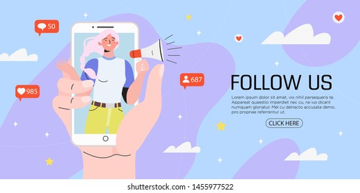 Ilustração vetorial para propaganda na internet. Mãos segurando o smartphone com uma garota gritando no alto-falante. Marketing de influenciadores, promoção de mídia social ou rede, banner SMM, página de destino, folheto.