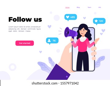 Vector illustration for internet advertisement. Hands holding smartphone with a girl shouting in loud speaker. Influencer marketing, social media or network promotion, SMM banner, landing page,flyer.