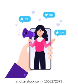 Vector illustration for internet advertisement. Hands holding smartphone with a girl shouting in loud speaker. Influencer marketing, social media or network promotion, SMM banner, landing page,flyer.